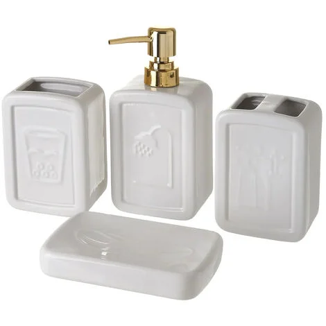 Set 4 Pezzi da Bagno Ceramica Dispenser Porta Spazzolini Bicchiere e Portasapone