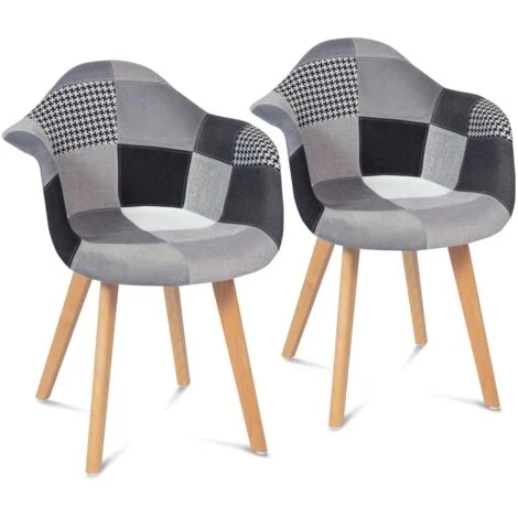 Set di 2 sedie da pranzo scandinave e poltrone da tavolo SARA con motivi patchwork neri, grigi e bianchi