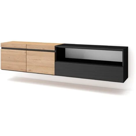 Skraut Home - Mobile TV Soggiorno, Ampio spazio a disposizione, 200x45x35cm, Per TV fino a 80", Sospeso, da appendere, Stile moderno, Rovere e nero