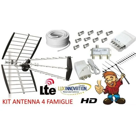 KIT ANTENNA DIGITALE TERRESTRE PER 4 FAMIGLIE LTE HD IMPIANTO ANTENNA COMPLETO