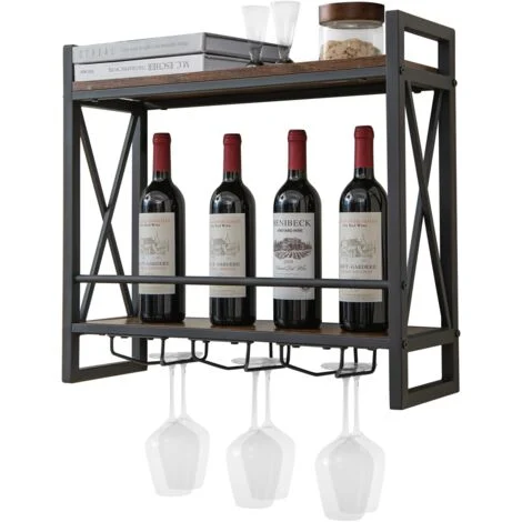 COSTWAY Portabottiglie per Vino da Parete Industriale, Scaffale di Stoccaggio per Vino a Parete a 2 Livelli con Porta Calici, in Metallo, per Casa, Bar, Cucina, Ristorante (60 x 20 x 55 cm)