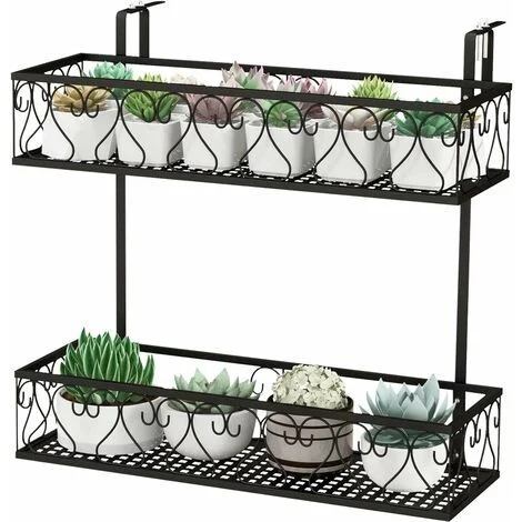 COSTWAY Porta Piante a 2 Livelli, Portavasi da Appender con Ganci Regolabili da 5,5-12,5 cm, Porta Fiori in Metallo da Esterno per Balcone e Recinto, Carico Massimo 30kg, Nero
