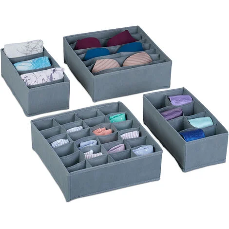 Relaxdays Organizer per Cassetti, Set da 4 Scatole Portaoggetti per Armadio, Cesti per Slip, Cravatte e Calzini, Grigio