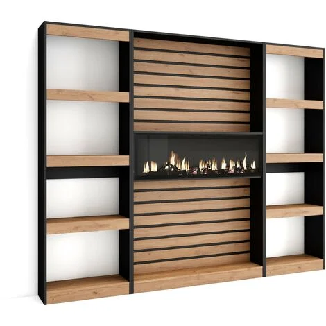 Skraut Home - Libreria scaffale, Scaffali in legno a ripiani, 230x186x25cm, Soggiorno - Ufficio, Camino elettrico, Stile moderno, Rovere e nero