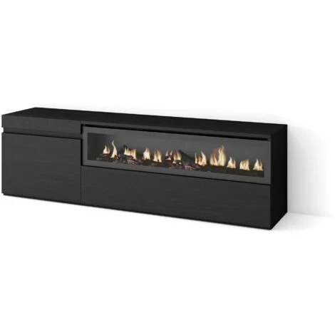Skraut Home - Mobile TV Soggiorno, Ampio spazio a disposizione, 150x45x35cm, Per TV fino a 65", Camino elettrico, Stile moderno, Nero
