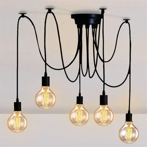 Lampadario a Sospensione Vintage Spider Lampadario a Soffitto Regolabile Edison Illuminazione Nero - 5 Luci/150cm