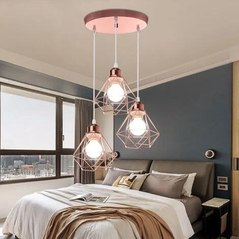 3 Luci Industriale Vintage Lampada a Sospensione Paralume Diamante in Ferro Lampadario per Soggiorno Sala da Pranzo Camera da Letto Oro Rosa