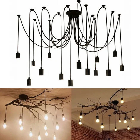 Lampadario a Sospensione Vintage Spider Lampadario a Soffitto Regolabile Edison Illuminazione Nero - 14 Luci/200cm