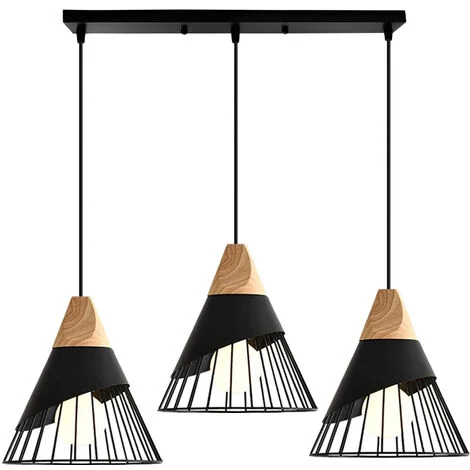 Lampadario a Sospensione 3 Fili, con Paralume in Legno e Metallo, di Form a Badminton per Cucina Ristorante Sala da Pranzo Dormitorio (Nero)