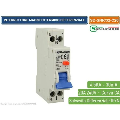 SANDASDON INTERRUTTORE MAGNETOTERMICO DIFFERENZIALE SALVAVITA PER BARRA DIN 1 MODULI 1P+N 20A C20 240V 30mA 4.5KA