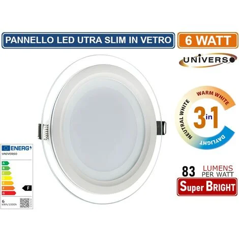 PANNELLO LED SLIM ROTONDO DA INCASSO CON CORNICE IN VETRO 6W 500 LUMEN CCT 3000K - 4000K - 6500K