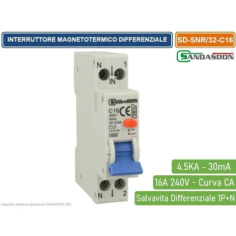 SANDASDON INTERRUTTORE MAGNETOTERMICO DIFFERENZIALE SALVAVITA PER BARRA DIN 1 MODULI 1P+N 16A C16 240V 30mA 4.5KA