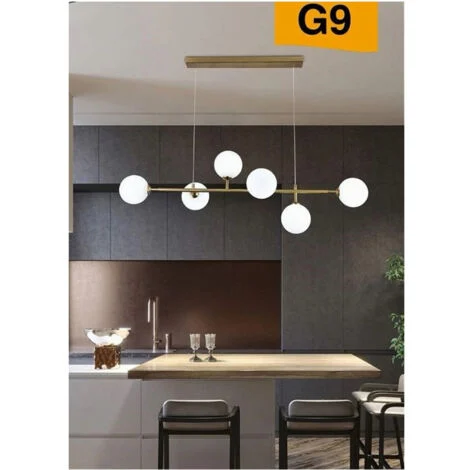 Lampadario moderno a sospensione con 6 sfere ed attacchi per lampadine LED G9