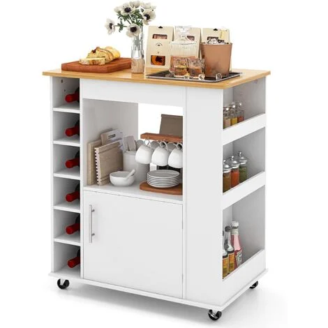 COSTWAY Carrello da Cucina con Ruote, Isola da Cucina con Scomparti Portabottiglie a 6 Scomparti, Portaspezie e Portasciugamani, 76x44x89 cm