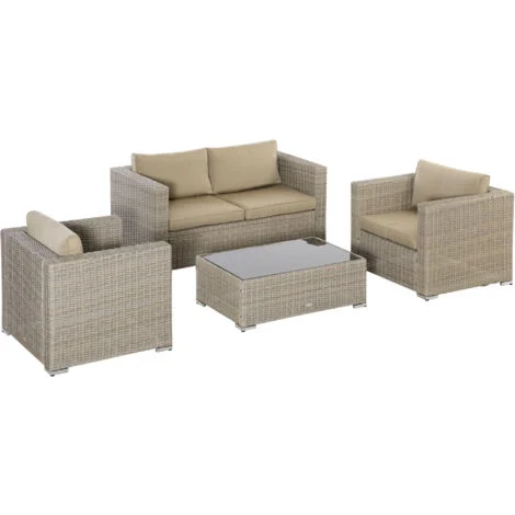 easycomfort set mobili da giardino 4 pezzi in rattan pe, salotto da esterno con 1 divano, 2 poltrone, 1 tavolino e cuscini rimovibili e lavabili, kaki e beige