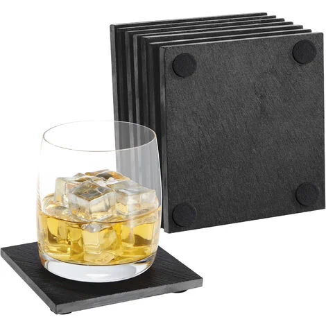 Set 8 Pezzi Sottobicchieri Quadrati In Ardesia 10 x 10 Cm Colore Nero Pietra Naturale Certificati Contatto Alimentare Con Gommini Antiscivolo Sottobicchiere Bar,Birreria,Casa Accessori Decorazione Tav