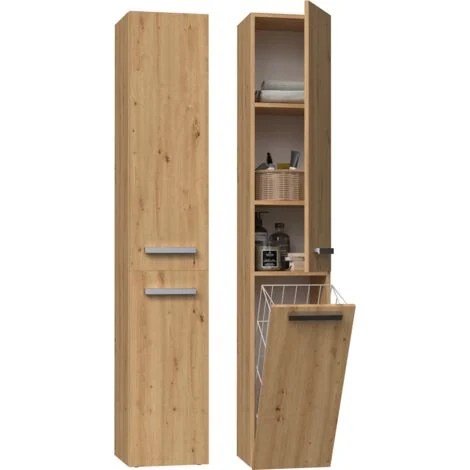 YANA - Mobile da bagno con cesto portabiancheria - 31x30x174 cm - Colonna portaoggetti per il bagno