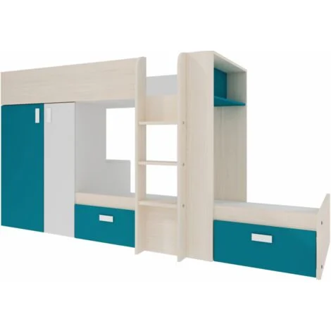 Letto a castello per due bambini Bianco pino e blu con armadio e base letto inferiore - Albenga