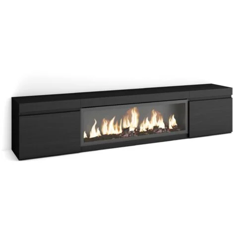 Skraut Home - Mobile TV Soggiorno, Ampio spazio a disposizione, 210, Per TV fino a 80", Camino elettrico XXL, Stile moderno, Nero
