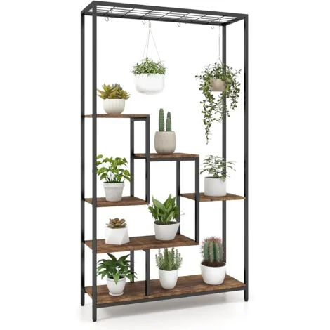 COSTWAY Scaffale Porta Piante a 6 Livelli, Scaffale per Fiori in Metallo da Interno con 10 Ganci e Ripiani per Piante, Porta Vasi da Balcone e Soggiorno, Nero