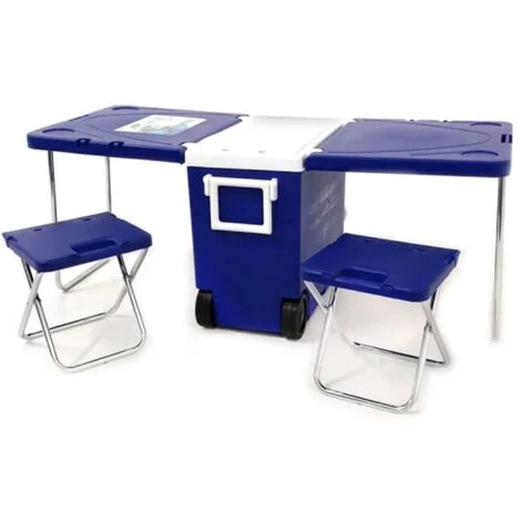 Tavolo pic-nic con frigo da 28 litri e 2 sgabelli blu tavolino richiudibile campeggio portatile per mare spiaggia giardino
