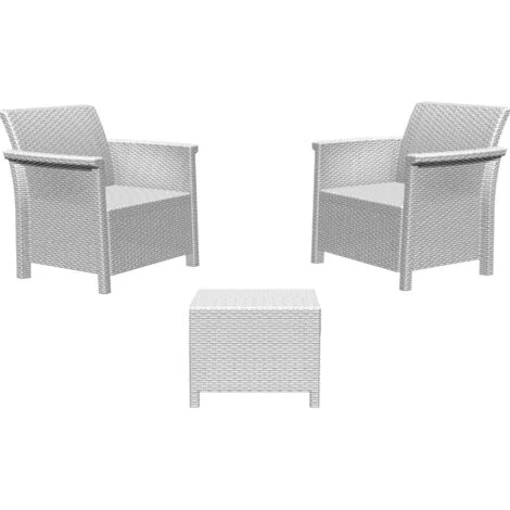 Tavolo e Sedie da Giardino Esterno Set 2 Poltrone 1 Tavolino Salotto in Rattan Bianco per Bar e Balcone