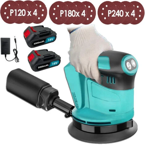 Levigatrice orbitale casuale senza spazzole a batteria, compatibile con batteria Makita, con 12 fogli abrasivi da 125 mm + 2 batterie da 3.0 Ah + caricabatteria, per legno, lucidatura, levigatura
