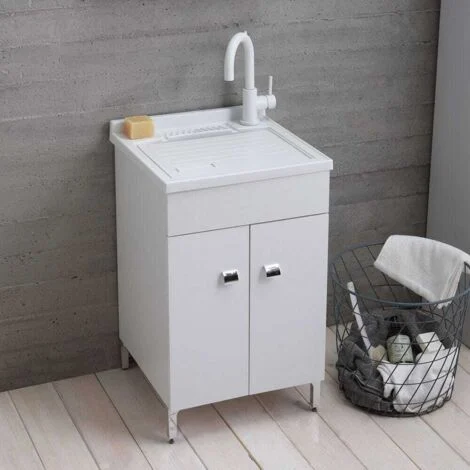 Lavatoio Lavanderia 50X50 Cm Con Mobile Bianco Lucido E Asse Inclusa