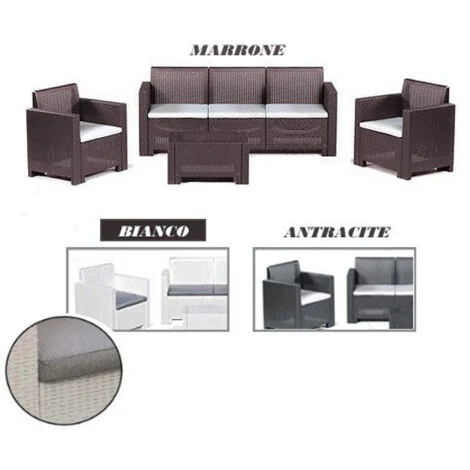 Divano tre sedute con Poltrone e Tavolino/Salotto/Salottino per Esterno/Arredo Giardino - Mod. Seattle Marrone/Brown - Bianco/White - Antracite