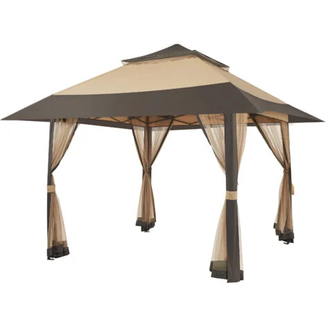 Yaheetech Gazebo da Giardino Esterno 4 x 4 m Padiglione da Giardino con Zanzariera Struttura in Metallo Doppio Tetto con Stabili Stoffa Tubo di Terrazzo Antipioggia Antisole Kaki