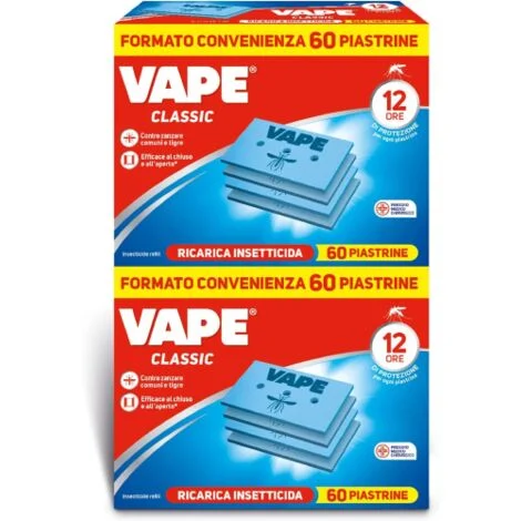 2 X Vape RICARICA 60 PIASTRINE 12 Ore Classic contro zanzare comuni e tigre