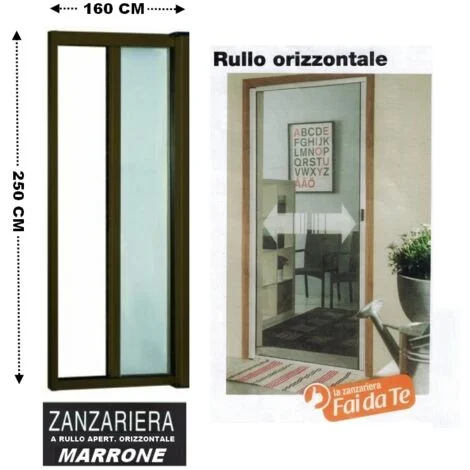 Zanzariera a rullo in alluminio per porte/balconi con profilo riducibile/regolabile avvolgimento orizzontale 160x250cm Marrone