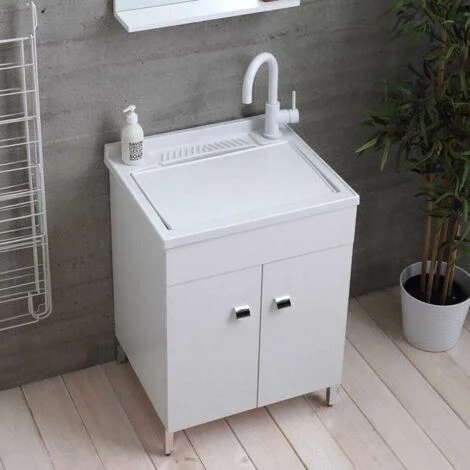 Mobile Lavanderia 60X50 Cm Bianco Con Lavandino In Resina Profondo