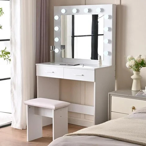 Toeletta Trucco Ofelia con Specchio e Sgabello 12 Led Freddo Caldo Specchiera