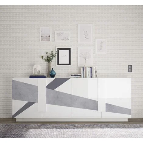 Madia 4 ante linea Sax in finitura Bianco Lucido con serigrafia cemento
