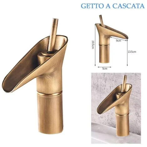 RUBINETTO MISCELATORE VINTAGE BAGNO CANNA BASSA BECCO CASCATA OTTONE T2021