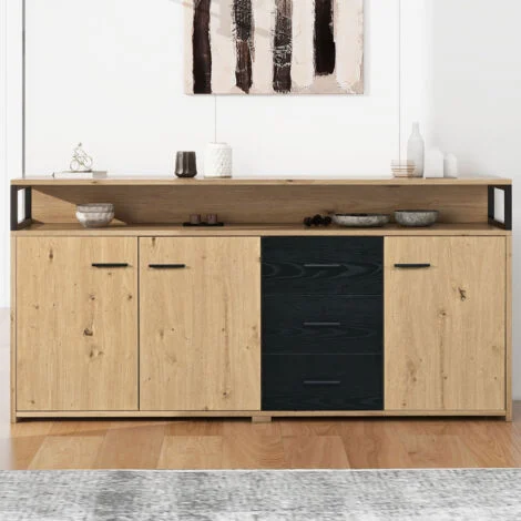 Credenza Industriale con Tre Ante e Tre Cassetti, Mobile da Cucina, Mobiletto Multiuso, Mobiletto portaoggetti con Maniglie in Metallo per Camera da Letto, Soggiorno e Ufficio 150 x 35 x 75,9 cm