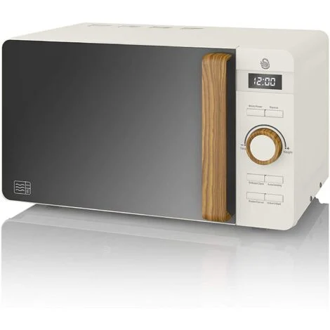 Swan Forno a microonde digitale Nordic 20 L, 6 livelli di potenza, timer da 30 minuti, facile pulizia, modalità scongelamento, manico effetto legno, bianco opaco
