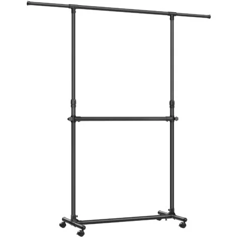 SONGMICS Stand Appendiabiti Doppio, Attaccapanni Estensibile con Ruote, Altezza Regolabile 113-180 cm, Barra Centrale Regolabile, Nero LLR401B01