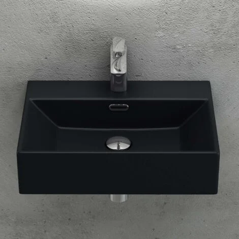 doporro Lavabo da Appoggio in Ceramica Rettangolare Lavandino Bagno Sospeso con Foro Rubinetto e Troppopieno 60x36x13cm Nero opaco Lavello con Rivestimento Nano Design Moderno Brüssel206
