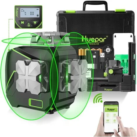 Huepar Livella laser autolivellante 3D a 12 linee con schermo LCD 3x360° Bluetooth connesso Strumento di livello laser a linee incrociate con raggio verde - Linea laser orizzontale/verticale a 360° -