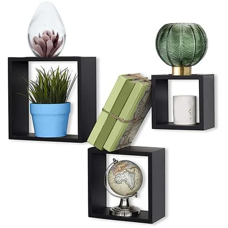 Set 3 Mensole da Parete Moderne Design Cubo Mensola Scaffale in Legno MDF Nero