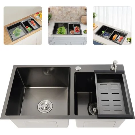 Lavello da incasso, in acciaio inox, doppio lavello con scarico (2 vasce) 78 x 43 x 22 cm