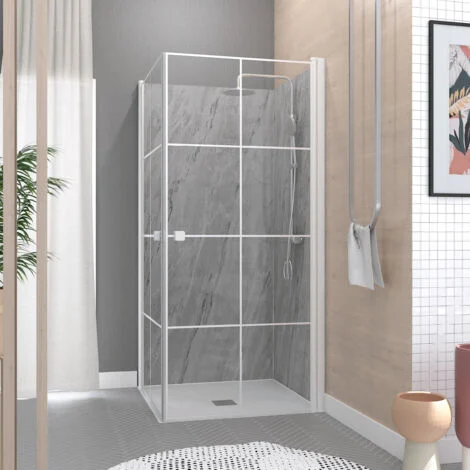 Porte Doccia ad Angolo 80x80x190 cm - Motivi Quadrati - Profili Bianchi Opachi - WHITE CUBE