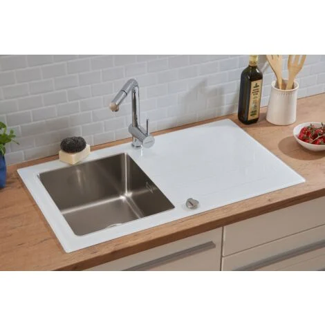 Lavello da cucina lavello da incasso in vetro lavello in acciaio inox 86 x 50 bianco Respekta New York