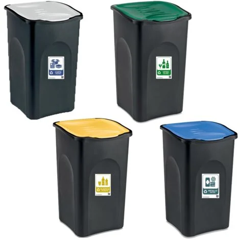 Set da 4 Contenitori Ecologici Bidoni per la Raccolta Differenziata pattumiere50L con etichette coperchi verde giallo blu bianco per interno o esterno