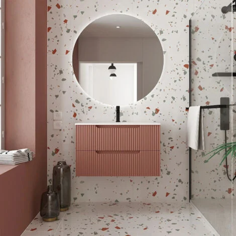Mobile Bagno 80cm Terracota - 2 Cassetti in MDF Ondulato - Lavabo da incasso bianco