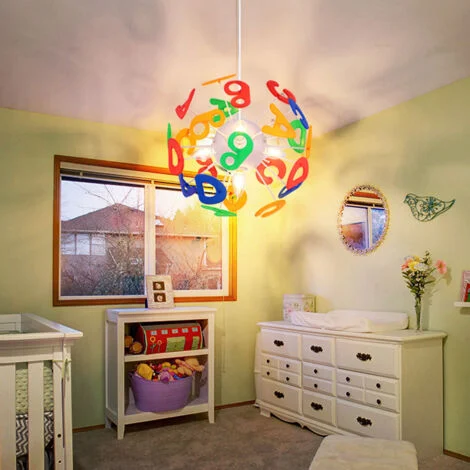 Lampada a sospensione per la cameretta dei bambini, lampada a sospensione con lettere, lampada per bambini a forma di sfera, plastica colorata, attacchi 4x E14, DxH 35x120 cm