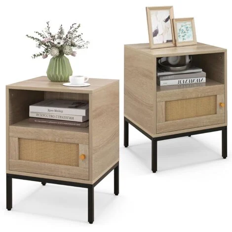 COSTWAY Comodino 40 x 40 x 57cm in Legno e Rattan, Tavolino in Stile Boemia con Ripiano Aperto, Armadietto e Gambe in Metallo, Mobile Moderno per Camera da Letto, Soggiorno e Salotto, Naturale