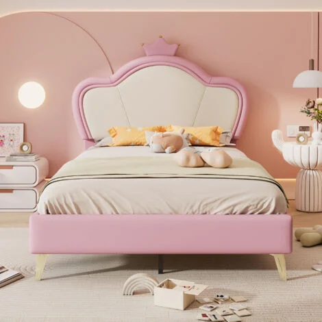 Letto imbottito, lettino per bambini, con bordi protettivi morbidi, testiera con corona, gambe del letto in metallo, elegante profilo della testiera imbottita, letto singolo, PU, rosa + bianco, 90x200